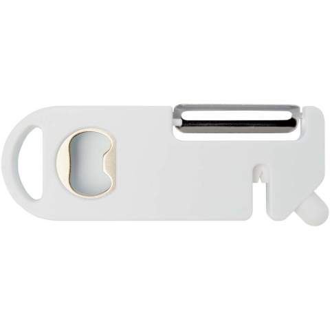 This multi-purpose kitchen tool combines four essential functions in one compact design. Made from recycled plastic, it features a peeler, bottle opener, knife sharpener, and a pointed tip for removing potato blemishes. A built-in hanging hole allows for easy storage. Practical and space-saving, it’s a versatile must-have for every home cook.