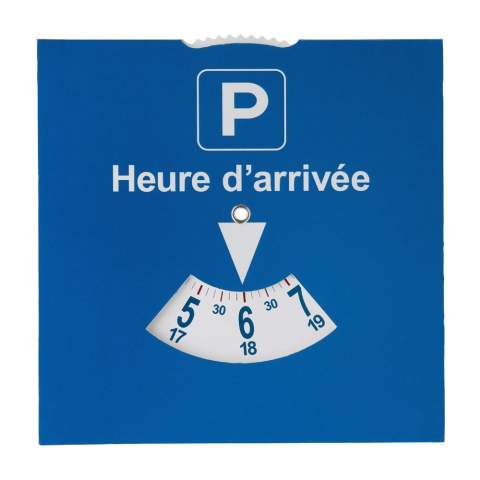 A paper parking disc which complies with the laws of France. There is a big print area on the back of the parking disc.