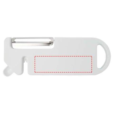 This multi-purpose kitchen tool combines four essential functions in one compact design. Made from recycled plastic, it features a peeler, bottle opener, knife sharpener, and a pointed tip for removing potato blemishes. A built-in hanging hole allows for easy storage. Practical and space-saving, it’s a versatile must-have for every home cook.