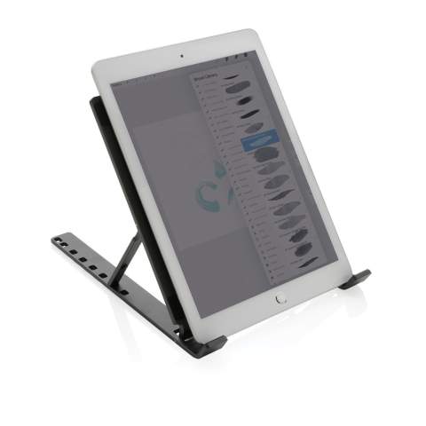 Aluminium laptop stand made with RCS (Recycled Claim Standard) certified recycled aluminium and TPU. Total recycled content: 99% based on total item weight. RCS certification ensures a completely certified supply chain of the recycled materials. The stand is foldable and can hold any laptop up to 15.6”. The stand can be adjusted to 8 different angles for optimal ergonomic posture when working on your laptop. Aluminium does not lose its characteristics in the recycling process and can be recycled endlessly. Compatible with most common tablets and laptops. With RCS certified recycled TPU strips at the bottom to avoid slipping. Packed in FSC® mix packaging.<br /><br />PVC free: true