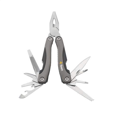 Compact stainless steel multi tool with aluminium hand grip and metallic look. 9-pieces with 13 functions: tongs, wire cutter, 3 screwdrivers, phillips screwdriver, file, saw/fish scraper, knife, reamer, can opener and cap lifter. In a 600D nylon pouch. Please note local rules may apply regarding the possession and/or carrying of knives or multitools in public. Each item is individually boxed.