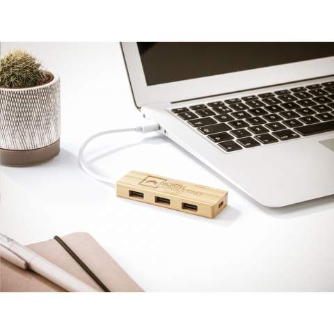 WoW! HUB USB 2.0 avec boîtier en bambou. Équipé de 3 ports USB et 1 port Type-C pour connecter une diversité d'appareils. Comprend un connecteur de type C, un câble USB-A et un mode d'emploi.  Le bambou est une matière naturelle. Par conséquent, la couleur de chaque produit peut différer légèrement.