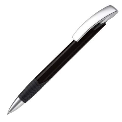 Moderne Toppoint balpen. Unieke vormgeving met hardcolour houder en zwarte grip. Met een mat metalen punt en zilveren clip.