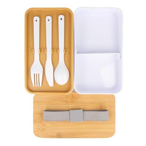 Umweltfreundliche Lunchbox aus recyceltem Polypropylen (PP) und Bambus mit praktischem Polyester-Gummiverschluss. Eine nachhaltige Wahl für Ihre Mahlzeiten unterwegs.