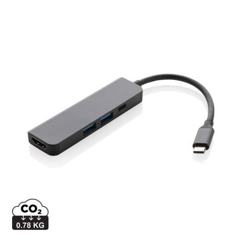 Hub made with RCS (Recycled Claim Standard) certified recycled aluminum, ABS, TPE and PET.  With 1 USB A 2.0, 1 USB A 3.0, 1 type C port and 4K HDMI port. The HUB has an integrated 10 cm type C cable made from recycled RCS certified TPE/PET material. Total recycled content: 58% based on total item weight. RCS certification ensures a completely certified supply chain of the recycled materials. With dual input connector so it is suitable for both type C and USB A computers. Aluminum does not lose its characteristics in the recycling process and can be recycled endlessly.  Item and accessories 100% PVC free. Packed in FSC mix packaging. Supports data transfer.<br /><br />PVC free: true