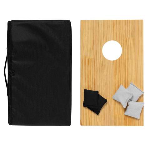 Cornhole is fun, easy and a perfect game to challenge your colleagues, family or friends. Packed individually in a suitable carrying bag. The game originates in North America and is played both indoors and outdoors. The board is slightly slanted and has a hole in it. The goal is to throw the small bags into this hole from a distance. Every time it goes in, you score points.