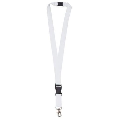 Polyester keycord with a detachable plastic buckle, a metal clip and a safety connection.