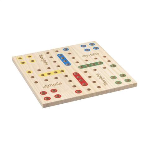 Brettspiel aus Holz mit 16 Spielfiguren und einem Würfel, hergestellt aus FSC 100% zertifiziertem Holz. In kompakter Größe. Ein Spiel für 2 bis 4 Personen. Geeignet für Jung und Alt. Wird einzeln in einem Kraftkarton geliefert.