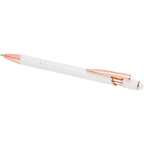 Le  stylo bille Nanna avec finition or rose est pourvu d’un corps en aluminium recyclé et d’un stylet tactile en silicone. L’aluminium recyclé réduit également la quantité de déchets dans les décharges et contribue ainsi à la conservation des ressources naturelles, tout en réduisant les émissions de gaz à effet de serre. Couleur de l'encre : Bleue. Longueur d'écriture : 800 mètres. Taille de la plume : 1,0 mm.