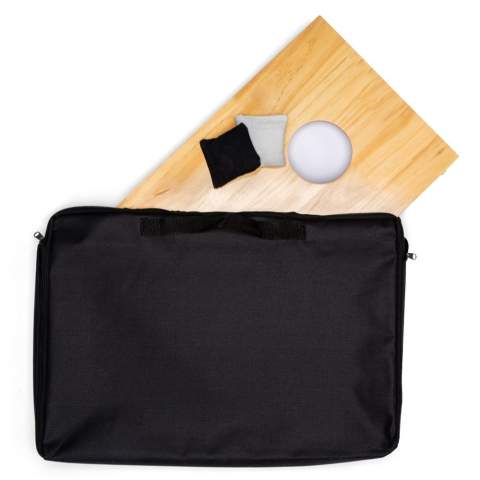 Cornhole is fun, easy and a perfect game to challenge your colleagues, family or friends. Packed individually in a suitable carrying bag. The game originates in North America and is played both indoors and outdoors. The board is slightly slanted and has a hole in it. The goal is to throw the small bags into this hole from a distance. Every time it goes in, you score points.