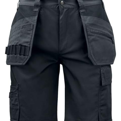 • short in easycare materiaal van polyester/katoen dat zorgt voor een goed behoud van vorm en kleur<br />• twee spijkerzakken met extra compartiment en extra zakje met ritssluiting<br />• twee achterzakken met klep en velcrosluiting<br />• duimstokzak met mesknoop<br />• versteviging aan de holsterzakken en duimstokzak
