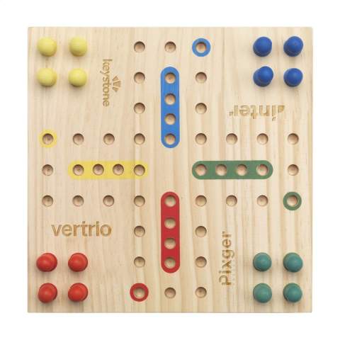 Brettspiel aus Holz mit 16 Spielfiguren und einem Würfel, hergestellt aus FSC 100% zertifiziertem Holz. In kompakter Größe. Ein Spiel für 2 bis 4 Personen. Geeignet für Jung und Alt. Wird einzeln in einem Kraftkarton geliefert.