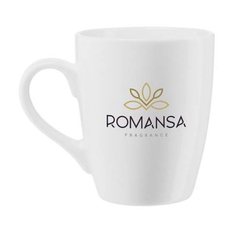 Tall, high quality ceramic mug. In all white or with a coloured exterior. Capacity 310 ml. Dishwasher safe. The imprint is dishwasher tested and certified: EN 12875-2.