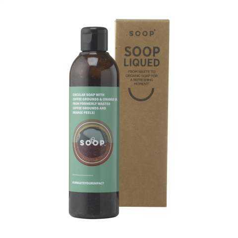 WoW! Bottle with natural, liquid soap. With recycled coffee grounds or orange peels as ingredients. Vegan and free of animal testing. Made in Holland. Content 250 ml.  Every year, 46 billion kilos of orange peels and about 50 billion kilos of coffee grounds are thrown away worldwide. Both are by-products of our daily consumption of fresh coffee and orange juice. What is left over is simply thrown away. This soap is made from leftover orange peels and coffee grounds with a pleasant natural fragrance, a natural scrub, the cleansing power and colour of coffee and citrus fruits. From organic waste to soap. Optional: Each item supplied in an individual brown cardboard box.