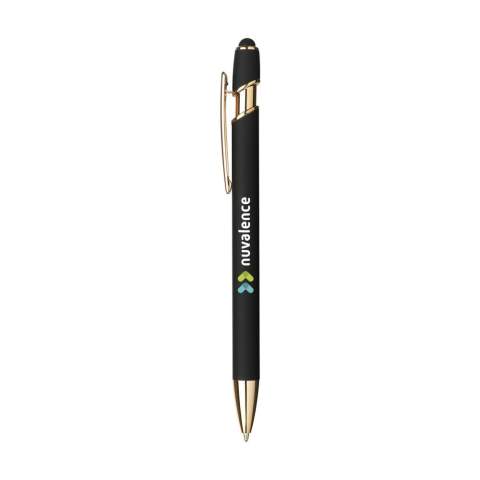 WoW! Blauwschrijvende balpen met houder van 100% RCS-gecertificeerd gerecycled aluminium en koperen legering. De roségouden accenten geven de pen een chique uitstraling. De houder is voorzien van een rubberized soft touch finish en een rubberen top/pointer voor het bedienen van touchscreens. Met metalen clip. RCS-gecertificeerd. Totaal gerecycled materiaal: 95%.    Door het gebruik van gerecycled aluminium worden er minder nieuwe grondstoffen gebruikt tijdens de productie van dit product. Dit betekent minder energieverbruik en minder gebruik van water.