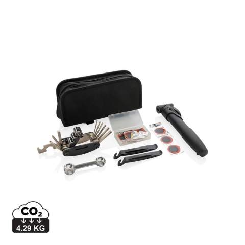 Luxury bike repair set in 600D pouch.  The set contains  6pcs rubber repair patches, 1 pc tinplate grater, 2pcs latex valve tubes, 1pc glue, 2pcs nylon lever, 1pc aluminum alloy bone wrench,  1 pc carbon steel 16-in-1 multi tools, 1 nylon Pump. The 16 in 1 wrench includes: Hex wrench 2mm/2.5mm/3mm/4mm/5mm/6mm each; socket wrench 8mm/9mm/10mm each; Slotted Screwdriver, Phillips Screwdriver, Socket Extension Rod,; flat wrench 8/10/15/mm, spoke wrench/14GE.