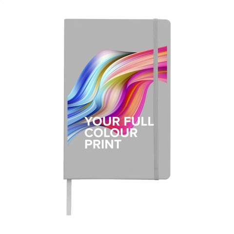 Notebook in A5 format with approx. 96 sheets/192 pages pages of cream coloured, lined FSC Mix certified paper (80 g/m²). With a bound spine, hard cover, pocket, elastic fastener and silk ribbon.
