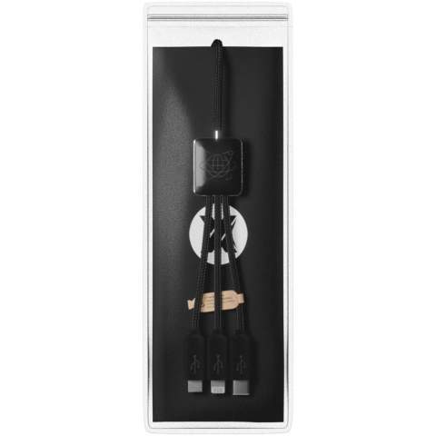 5-in-1 recycled PET light-up logo charging and data transfer cable with squared plastic casing. The light-up logo is visible on both sides. Features 3 connectors (type-C, Micro USB, iPhone) and a dual USB connector for universal use. The cable allows data transfer on each of the tips and for any type of device (USB-C + Lightning + Micro USB). Delivered in a TPU pouch with a kraft paper card. Cable length: 1 metre. Includes 3 year warranty.
