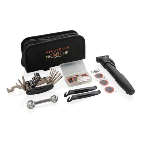 Luxury bike repair set in 600D pouch.  The set contains  6pcs rubber repair patches, 1 pc tinplate grater, 2pcs latex valve tubes, 1pc glue, 2pcs nylon lever, 1pc aluminum alloy bone wrench,  1 pc carbon steel 16-in-1 multi tools, 1 nylon Pump. The 16 in 1 wrench includes: Hex wrench 2mm/2.5mm/3mm/4mm/5mm/6mm each; socket wrench 8mm/9mm/10mm each; Slotted Screwdriver, Phillips Screwdriver, Socket Extension Rod,; flat wrench 8/10/15/mm, spoke wrench/14GE.