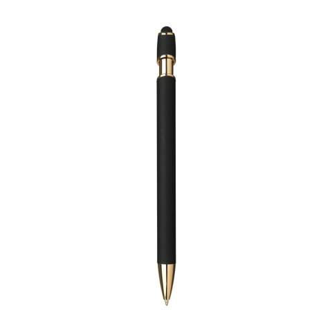 WoW! Blauwschrijvende balpen met houder van 100% RCS-gecertificeerd gerecycled aluminium en koperen legering. De roségouden accenten geven de pen een chique uitstraling. De houder is voorzien van een rubberized soft touch finish en een rubberen top/pointer voor het bedienen van touchscreens. Met metalen clip. RCS-gecertificeerd. Totaal gerecycled materiaal: 95%.    Door het gebruik van gerecycled aluminium worden er minder nieuwe grondstoffen gebruikt tijdens de productie van dit product. Dit betekent minder energieverbruik en minder gebruik van water.