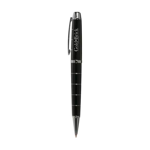 Ballpoint with turn click system, with shiny metal trim and large blue ink fill. In a case.