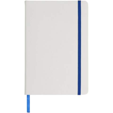 Carnet de notes format A5 avec élastique et marque-page ruban de couleur. Contient 80 feuilles (60gr/m2) de papier ligné. Impression numérique possible sur la couverture.