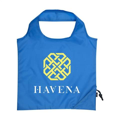WoW! Faltbare, geräumige Einkaufstasche aus RPET-Polyester, aus recycelten PET-Flaschen. Mit doppeltem Tragegurt. Im Handumdrehen von Beutel zur Tasche und umgekehrt. Maße entfaltet: 42 x 38 cm. GRS-zertifiziert. Recyceltes Material insgesamt: 90%.