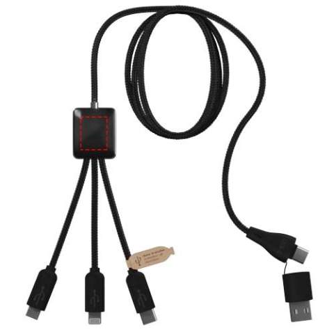 5-in-1 recycled PET light-up logo charging and data transfer cable with squared plastic casing. The light-up logo is visible on both sides. Features 3 connectors (type-C, Micro USB, iPhone) and a dual USB connector for universal use. The cable allows data transfer on each of the tips and for any type of device (USB-C + Lightning + Micro USB). Delivered in a TPU pouch with a kraft paper card. Cable length: 1 metre. Includes 3 year warranty.