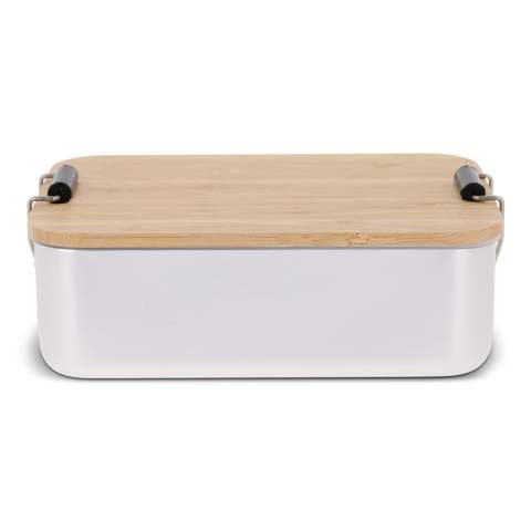 Diese stilvolle Lunchbox eignet sich zum Transportieren Ihres Mittagessens oder Frühstücks. Der Aluminiumbehälter wird mit einem Bambusdeckel verschlossen.