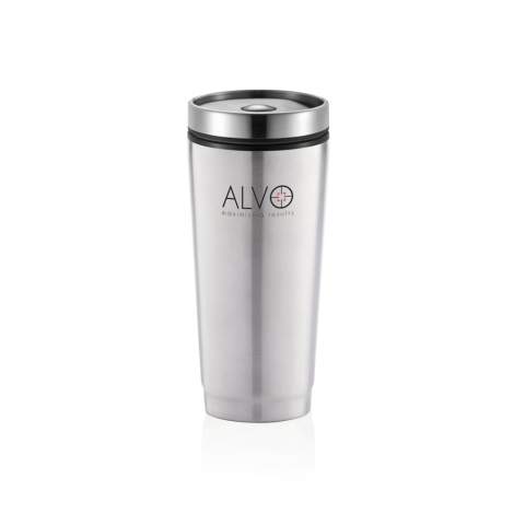 Mug 350ml, extérieur en acier inoxydable 201, intérieur en PP, couvercle vissé avec fermeture unique à bouton poussoir pour éviter les fuites. Peut être utilisé avec une seule main. Garde les boissons chaudes jusqu'à 3h et froides jusqu'à 6h. Modèle déposé®<br /><br />HoursHot: 3<br />HoursCold: 6