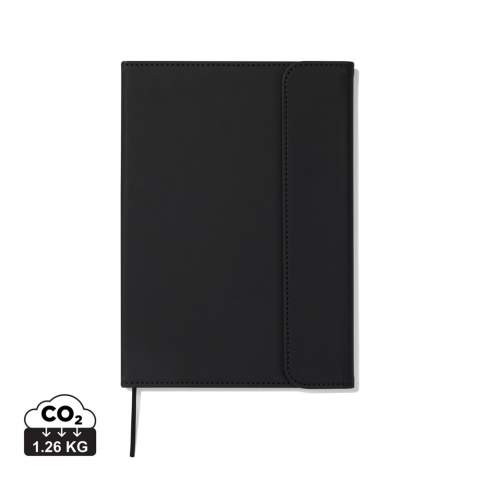 Sleek A5 notebook in a clean touch. Its cover, crafted from 30% recycled matte PU, features a magnetic closure and an integrated pen holder. Within, 80 pages/160 sheets of 70 gsm lined recycled paper, suitable for all your note-taking needs. The paper insert can be replaced, allowing for prolonged use over time. Certified by GRS (Global Recycled Standard), GRS certification guarantees that the entire supply chain of the recycled materials is certified. The total recycled content is based on the overall product weight. This product contains 54% GRS-certified paper and 5 % GRS-recycled PU.<br /><br />NotebookFormat: A5<br />NumberOfPages: 160<br />PaperRulingLayout: Lined pages