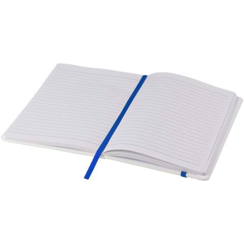Carnet de notes format A5 avec élastique et marque-page ruban de couleur. Contient 80 feuilles (60gr/m2) de papier ligné. Impression numérique possible sur la couverture.