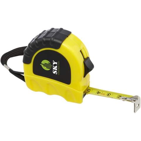 3-metre steel and iron measuring tape including an iron belt clip and a polyester wrist strap. Shows centimetres and inches. The case is made of 21% RCS certified recycled plastic and 4% recycled TPE. The Recycled Claim Standard (RCS) verifies the recycled content of a product throughout the entire supply chain. Packed in a STAC gift box from sustainable sources.