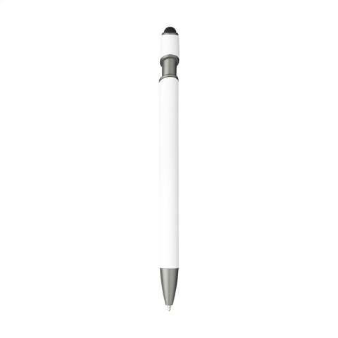 WoW! Stylo à bille à encre bleue avec un corps en aluminium 100% recyclé certifié RCS. Le corps est doté d'une finition caoutchoutée douce et d'un embout en caoutchouc pour utiliser les écrans tactiles. Clip métallique et pointe en plastique. Certifié RCS. Matière recyclée totale : 24%.    L'utilisation d'aluminium recyclé permet de réduire le nombre de nouvelles matières premières utilisées pour la fabrication de ce produit. Cela signifie moins de consommation d'énergie et moins d'utilisation d'eau.