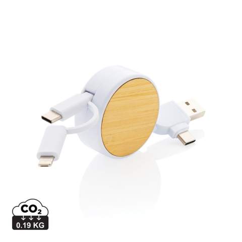 Compacte en gemakkelijk mee te nemen intrekbare multikabel gemaakt van gecertificeerde gerecyclede materialen. Wordt geleverd met 5 verschillende connectoren: USB C in, USB A in, type C out, IOS out en micro USB out. Hierdoor kun je de kabel ook gebruiken met type C-uitvoerapparaten die zijn opgenomen in de nieuwere generatie telefoons en macbook-computers. De kabel heeft ook een USB A-uitgangsingang, zodat hij elk apparaat kan opladen vanaf elke uitgangsbron. Behuizing gemaakt van FSC-bamboe en 100% RCS-gecertificeerde gerecyclede ABS-kabels gemaakt van RCS-gecertificeerd gerecycled TPE-materiaal. Totaal gerecycled materiaal: 63% gebaseerd op het totale gewicht van het item. Maximale kabellengte: 100 cm. Verpakt in FSC mixed kraft sleeve verpakking. RCS-certificering zorgt voor een complete gecertificeerde toeleveringsketen van het gerecyclede materiaal. PVC-vrij.<br /><br />PVC free: true