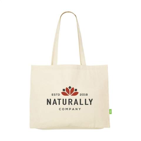 WoW! Sturdy shopping bag made from 100% organic quality cotton (180 g/m²). With long handles. This shopping bag is the perfect replacement for one-use plastic bags. GOTS-certified. Capacity approx. 19 litres.