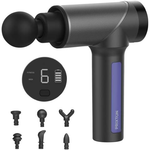 Wireless and lightweight massage gun with functions suitable for both fitness and physical therapy. It helps to warm up before exercising, recover from low-intensity training, or relieve pain after high-intensity training. Includes 6 heads to perform different types of massages on different parts of the body. Motor power 30W-3300 rpm. Speed adjustment 1-9. Battery 2500 mAh, voltage 14.4V-16.8V. Charging time 3-4 hours. Capacity: 5-6 hours. Noise level 85 dB.