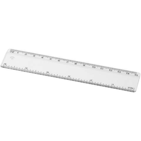 Stabiles Plastiklineal. Markierungen in Zoll und Zentimeter. Bitte beachten Sie, dass die Linealmarkierungen zusammen mit Ihrer Druckvorlage aufgedruckt werden, unveredelte Lineale haben keine Markierungen und sind blank.
