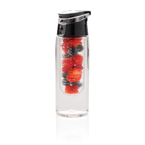 Trendy infuser bottle to flavour your water with your favourite fruit or herbs. The body is made out of tritan material so it is scratch proof and durable. The lid is made out of ABS and has a locking system so you can take your flavoured water wherever you go. Capacity 700 ml.