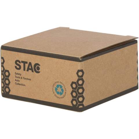 3-metre steel and iron measuring tape including an iron belt clip and a polyester wrist strap. Shows centimetres and inches. The case is made of 21% RCS certified recycled plastic and 4% recycled TPE. The Recycled Claim Standard (RCS) verifies the recycled content of a product throughout the entire supply chain. Packed in a STAC gift box from sustainable sources.