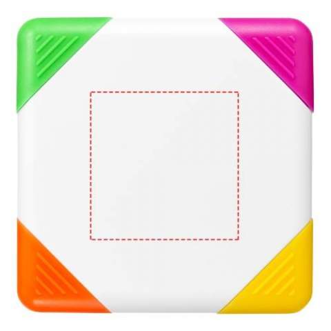 Vierkante markeerstift met schrijftip in geel, oranje, roze en groen.