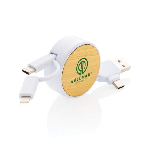 Compacte en gemakkelijk mee te nemen intrekbare multikabel gemaakt van gecertificeerde gerecyclede materialen. Wordt geleverd met 5 verschillende connectoren: USB C in, USB A in, type C out, IOS out en micro USB out. Hierdoor kun je de kabel ook gebruiken met type C-uitvoerapparaten die zijn opgenomen in de nieuwere generatie telefoons en macbook-computers. De kabel heeft ook een USB A-uitgangsingang, zodat hij elk apparaat kan opladen vanaf elke uitgangsbron. Behuizing gemaakt van FSC-bamboe en 100% RCS-gecertificeerde gerecyclede ABS-kabels gemaakt van RCS-gecertificeerd gerecycled TPE-materiaal. Totaal gerecycled materiaal: 63% gebaseerd op het totale gewicht van het item. Maximale kabellengte: 100 cm. Verpakt in FSC mixed kraft sleeve verpakking. RCS-certificering zorgt voor een complete gecertificeerde toeleveringsketen van het gerecyclede materiaal. PVC-vrij.<br /><br />PVC free: true