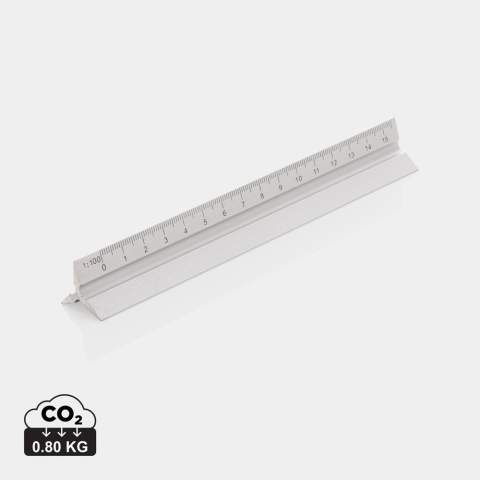 15cm Aluminiumlineal mit 5 verschiedenen Skalen (1:20, 1:25, 1:50, 1:75 und 1:100); 1 Seite ist für die Werbeanbringung vorgesehen.<br /><br />PVC free: true