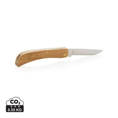 Foldable knife made with FSC 100% beech wood and high quality stainless steel (420) blade. Rockwell hardness 42-52. Blade is food safe. Packed in FSC mix kraft box.<br /><br />PVC free: true