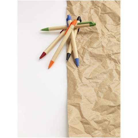 Eco friendly ballpoint pen with click action mechanism, with a barrel made of biodegradable paper material, and corn plastic trims that comes in a variety of colours. Recycled carton colour may vary.