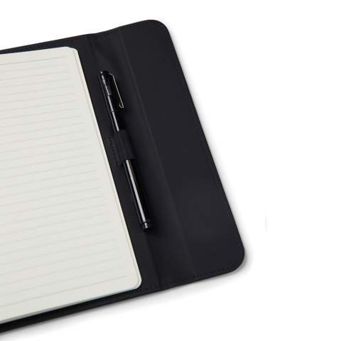 Sleek A5 notebook in a clean touch. Its cover, crafted from 30% recycled matte PU, features a magnetic closure and an integrated pen holder. Within, 80 pages/160 sheets of 70 gsm lined recycled paper, suitable for all your note-taking needs. The paper insert can be replaced, allowing for prolonged use over time. Certified by GRS (Global Recycled Standard), GRS certification guarantees that the entire supply chain of the recycled materials is certified. The total recycled content is based on the overall product weight. This product contains 54% GRS-certified paper and 5 % GRS-recycled PU.<br /><br />NotebookFormat: A5<br />NumberOfPages: 160<br />PaperRulingLayout: Lined pages