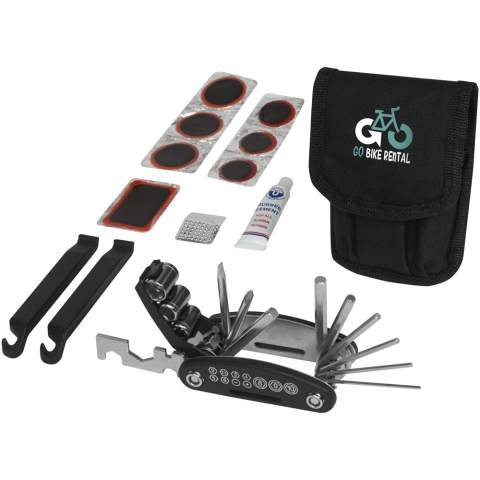 15-piece multi-tool with 2 tyre levers, grater, glue and stickers including pouch with reflective trim and 2 straps with hook & loop closure to attach to your bicycle.