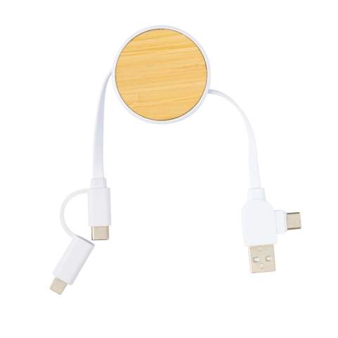 Compacte en gemakkelijk mee te nemen intrekbare multikabel gemaakt van gecertificeerde gerecyclede materialen. Wordt geleverd met 5 verschillende connectoren: USB C in, USB A in, type C out, IOS out en micro USB out. Hierdoor kun je de kabel ook gebruiken met type C-uitvoerapparaten die zijn opgenomen in de nieuwere generatie telefoons en macbook-computers. De kabel heeft ook een USB A-uitgangsingang, zodat hij elk apparaat kan opladen vanaf elke uitgangsbron. Behuizing gemaakt van FSC-bamboe en 100% RCS-gecertificeerde gerecyclede ABS-kabels gemaakt van RCS-gecertificeerd gerecycled TPE-materiaal. Totaal gerecycled materiaal: 63% gebaseerd op het totale gewicht van het item. Maximale kabellengte: 100 cm. Verpakt in FSC mixed kraft sleeve verpakking. RCS-certificering zorgt voor een complete gecertificeerde toeleveringsketen van het gerecyclede materiaal. PVC-vrij.<br /><br />PVC free: true