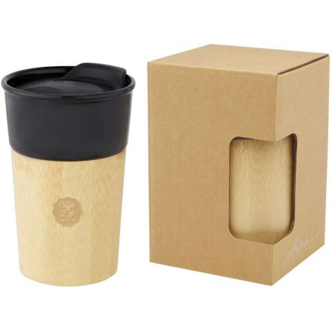 Stylish porcelain mug with organic bamboo exterior which provides a natural look and comfortable grip. The Pereira mug features a push-on spill-proof slide-lock lid and is BPA Free. Volume capacity is 320 ml. Handwash recommended. Presented in a recycled cardboard gift box.