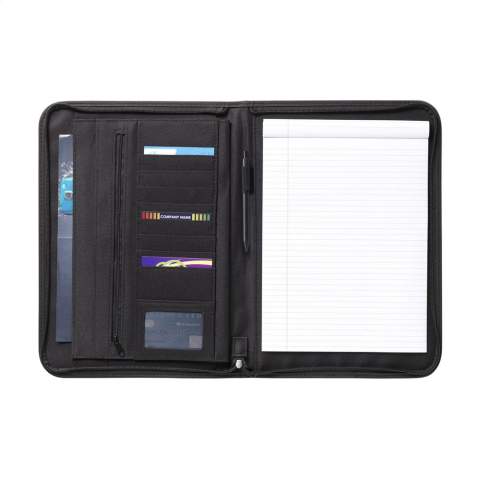 Conference/document folder made of 600D polyester/imitation leather in A4 format. With spacious storage, extra pocket on the back and zip closure. Incl. writing pad and ballpoint pen.